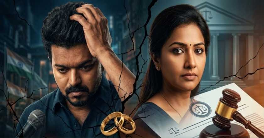 "Symbolic image representing the divorce case of Tamil actor Thalapathy Vijay and his wife Sangeetha, featuring broken wedding rings, a court gavel, legal documents, and a cracked background."