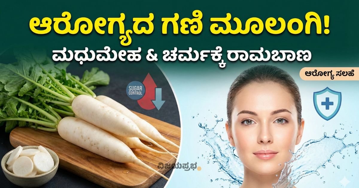 "Health benefits of Radish Moolangi for Diabetes and Skin care in Kannada"