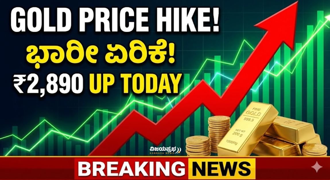 Gold Price Hike Today Karnataka Bangalore - 2890 Rupees Increase in 24k Gold Rate - Upward Red Arrow Graph and Gold Bars Image