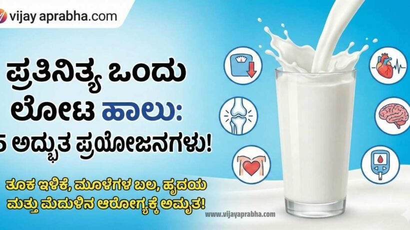 "Vijayaprabha Health Tips: Glass of milk with icons showing benefits like weight loss, strong bones, and brain health in Kannada."