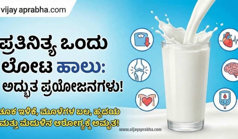 "Vijayaprabha Health Tips: Glass of milk with icons showing benefits like weight loss, strong bones, and brain health in Kannada."