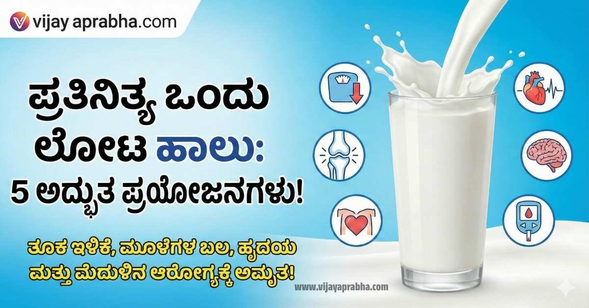 "Vijayaprabha Health Tips: Glass of milk with icons showing benefits like weight loss, strong bones, and brain health in Kannada."
