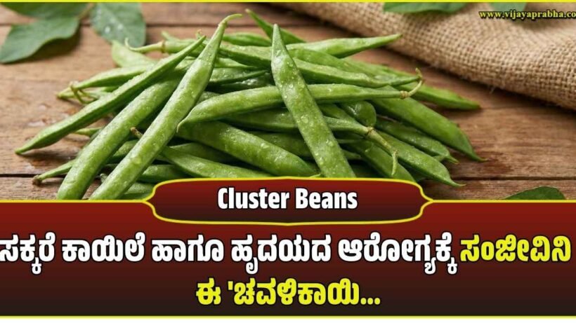 "Fresh green cluster beans (chavalikayi or gorikayi) with water droplets on a wooden table. Representative image for health benefits, diabetes, and blood pressure control."