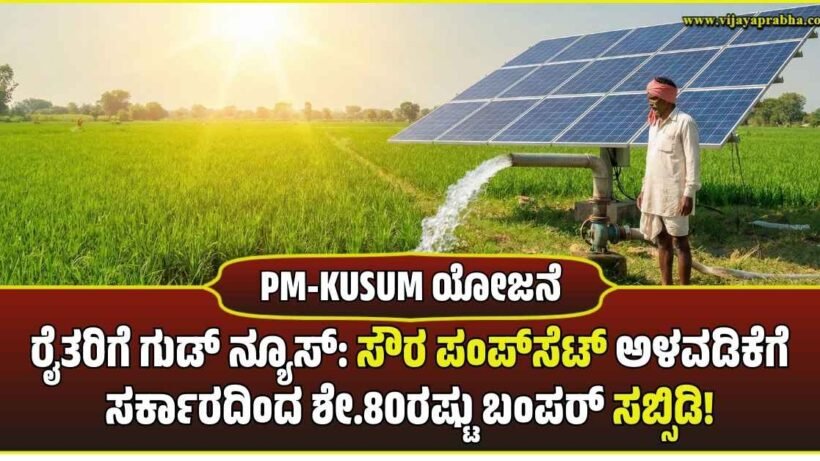 "An Indian farmer standing next to a solar-powered water pump irrigating a lush green agricultural field under bright sunlight. Representative image for PM KUSUM solar scheme subsidy."