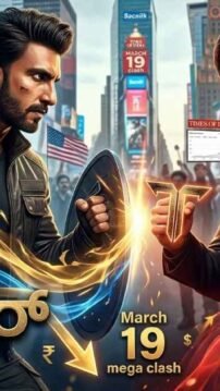 A high-quality news thumbnail featuring a dramatic split-screen of Indian actors Yash (as Toxic) and Ranveer Singh (as Dhurandhar 2) face-to-face. The background merges a stylized Times Square cityscape with integrated movie posters. Glowing Kannada titles read "ಟಾಕ್ಸಿಕ್" (Toxic) on the right with a red 'T' symbol and "ಧುರಂಧರ್ 2" (Dhurandhar 2) on the left with a stylized shield. Golden and blue energy waves with trade data graphics and "MARCH 19" text are present.