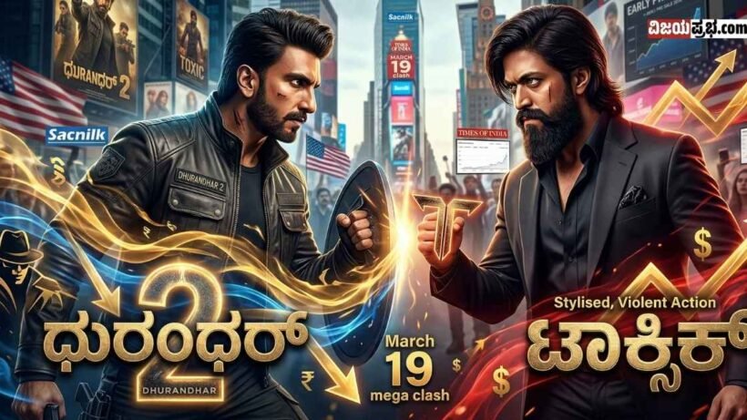 A high-quality news thumbnail featuring a dramatic split-screen of Indian actors Yash (as Toxic) and Ranveer Singh (as Dhurandhar 2) face-to-face. The background merges a stylized Times Square cityscape with integrated movie posters. Glowing Kannada titles read "ಟಾಕ್ಸಿಕ್" (Toxic) on the right with a red 'T' symbol and "ಧುರಂಧರ್ 2" (Dhurandhar 2) on the left with a stylized shield. Golden and blue energy waves with trade data graphics and "MARCH 19" text are present.
