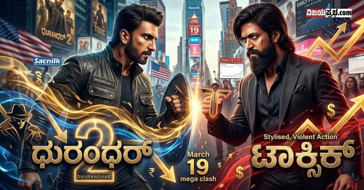 A high-quality news thumbnail featuring a dramatic split-screen of Indian actors Yash (as Toxic) and Ranveer Singh (as Dhurandhar 2) face-to-face. The background merges a stylized Times Square cityscape with integrated movie posters. Glowing Kannada titles read "ಟಾಕ್ಸಿಕ್" (Toxic) on the right with a red 'T' symbol and "ಧುರಂಧರ್ 2" (Dhurandhar 2) on the left with a stylized shield. Golden and blue energy waves with trade data graphics and "MARCH 19" text are present.