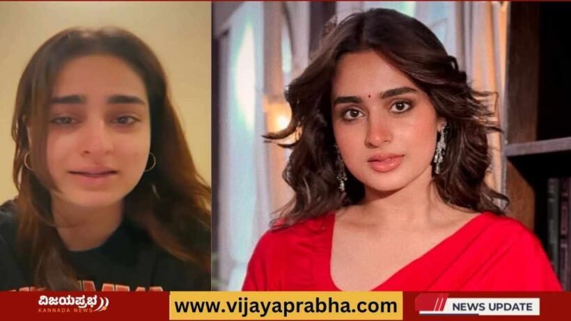 "Distressed portrait of actress Ayesha Khan, showing tears and anxiety with clasped hands. The chaotic background lines of light symbolize overwhelming cyber threats. Representative image for Vijayaprabha news."