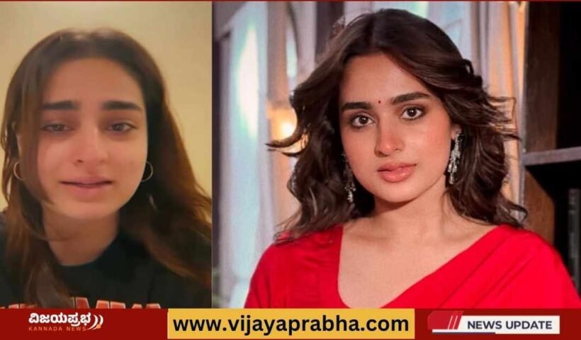 "Distressed portrait of actress Ayesha Khan, showing tears and anxiety with clasped hands. The chaotic background lines of light symbolize overwhelming cyber threats. Representative image for Vijayaprabha news."