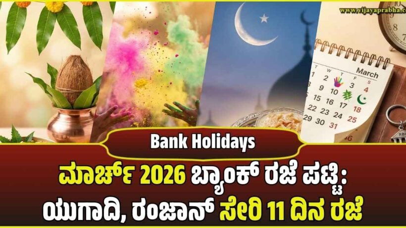 A collage of Indian festivals showing Ugadi pot, Holi colors, Ramadan crescent moon, and a calendar marked for March 2026 bank holidays.