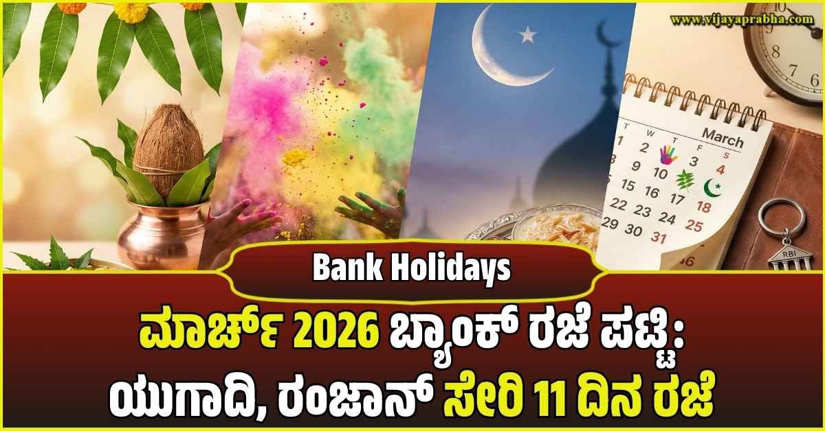 A collage of Indian festivals showing Ugadi pot, Holi colors, Ramadan crescent moon, and a calendar marked for March 2026 bank holidays.