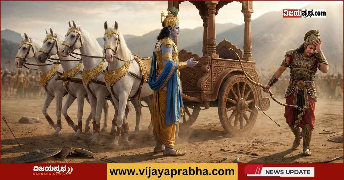 Lord Krishna and a distressed Arjuna on a magnificent chariot in the Kurukshetra battlefield. Arjuna is seen dropping his bow Gandiva. Symbolic image for Bhagavad Gita article on Vijayaprabha.