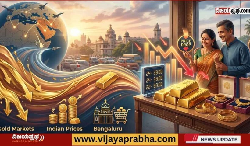 A creative visual of the gold market in Bengaluru showing a digital screen with 22K and 24K price drops, with a background of Vidhana Soudha and a happy Indian couple looking at gold ornaments in a jewelry store.