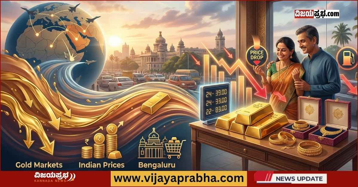 A creative visual of the gold market in Bengaluru showing a digital screen with 22K and 24K price drops, with a background of Vidhana Soudha and a happy Indian couple looking at gold ornaments in a jewelry store.