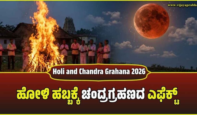 A split image showing a traditional Holika Dahana bonfire in an Indian village on the left and a red Blood Moon lunar eclipse in a starry night sky on the right.