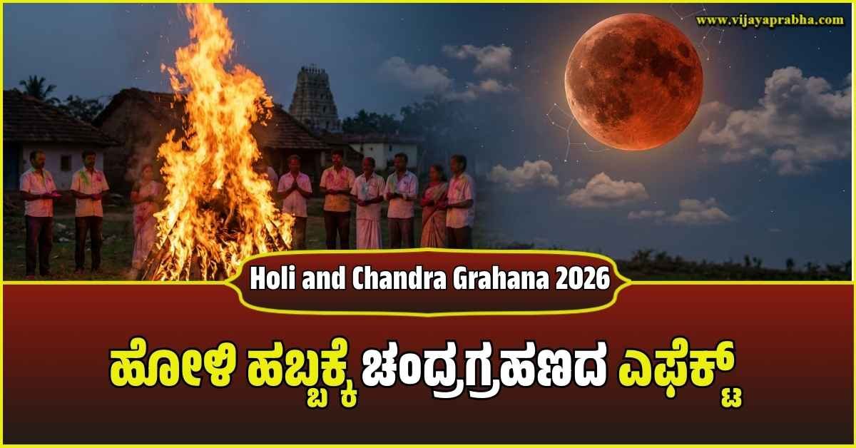 A split image showing a traditional Holika Dahana bonfire in an Indian village on the left and a red Blood Moon lunar eclipse in a starry night sky on the right.