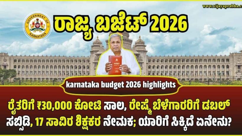 ಸಿಎಂ ಸಿದ್ದರಾಮಯ್ಯ ಬಜೆಟ್ 2026ರ ಪ್ರಮುಖ ಘೋಷಣೆಗಳು. ಕೃಷಿ, ಶಿಕ್ಷಣ ಮತ್ತು ಆರೋಗ್ಯ ಕ್ಷೇತ್ರದ ಸುಧಾರಣೆಗಳ ಸಾಂಕೇತಿಕ ಚಿತ್ರ."