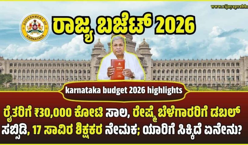 ಸಿಎಂ ಸಿದ್ದರಾಮಯ್ಯ ಬಜೆಟ್ 2026ರ ಪ್ರಮುಖ ಘೋಷಣೆಗಳು. ಕೃಷಿ, ಶಿಕ್ಷಣ ಮತ್ತು ಆರೋಗ್ಯ ಕ್ಷೇತ್ರದ ಸುಧಾರಣೆಗಳ ಸಾಂಕೇತಿಕ ಚಿತ್ರ."