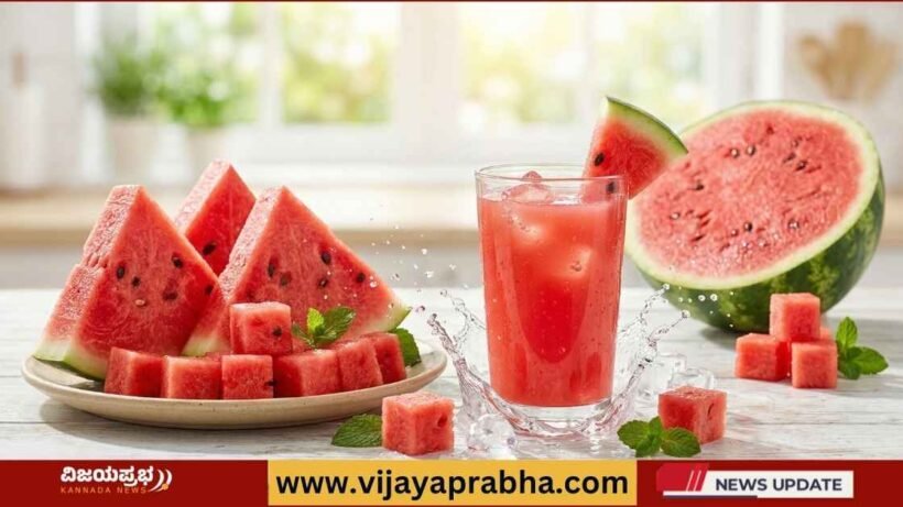 "Refreshing fresh watermelon slices, cubes, and a splashing glass of iced watermelon juice on a wooden table. Symbolic image for Vijayaprabha health and lifestyle news."