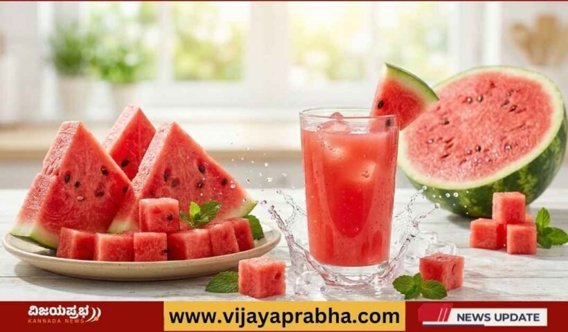 "Refreshing fresh watermelon slices, cubes, and a splashing glass of iced watermelon juice on a wooden table. Symbolic image for Vijayaprabha health and lifestyle news."