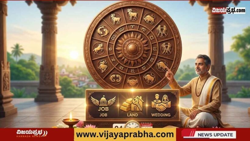 A high-quality 1200x628 professional news thumbnail featuring a traditional Indian astrologer (Guruji) pointing at a glowing wooden zodiac wheel (Rashi Chakra). In the foreground, stylized golden icons represent 'JOB' (Government job symbol), 'LAND' (House and key symbol), and 'WEDDING' (Couple holding hands). The scene is set in a serene temple courtyard with the date "04 MARCH" and a clock.