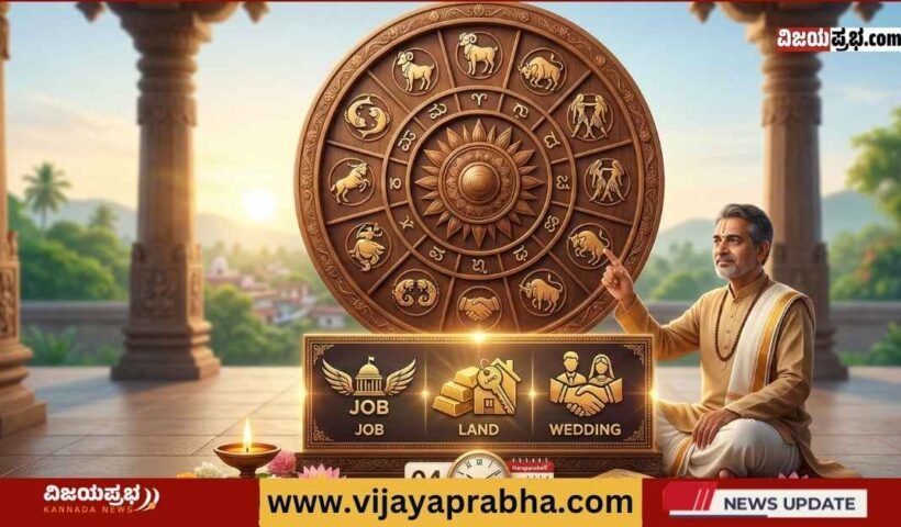 A high-quality 1200x628 professional news thumbnail featuring a traditional Indian astrologer (Guruji) pointing at a glowing wooden zodiac wheel (Rashi Chakra). In the foreground, stylized golden icons represent 'JOB' (Government job symbol), 'LAND' (House and key symbol), and 'WEDDING' (Couple holding hands). The scene is set in a serene temple courtyard with the date "04 MARCH" and a clock.