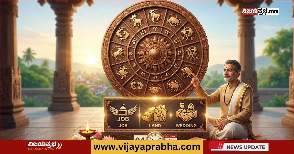 A high-quality 1200x628 professional news thumbnail featuring a traditional Indian astrologer (Guruji) pointing at a glowing wooden zodiac wheel (Rashi Chakra). In the foreground, stylized golden icons represent 'JOB' (Government job symbol), 'LAND' (House and key symbol), and 'WEDDING' (Couple holding hands). The scene is set in a serene temple courtyard with the date "04 MARCH" and a clock.